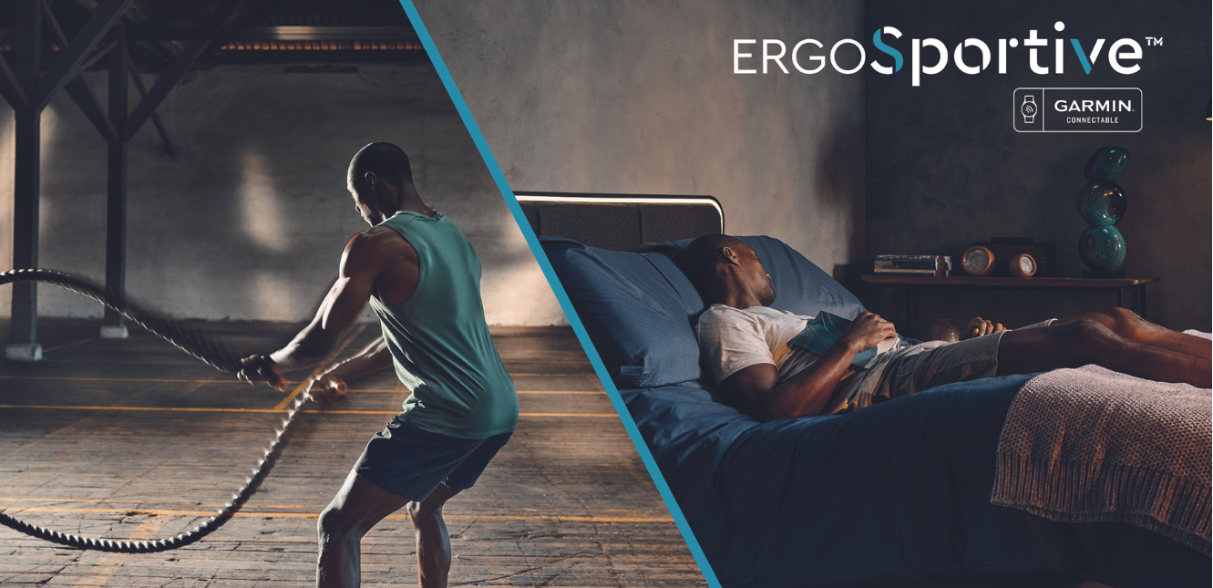 Side by side of a man working out then sleeping in an ErgoSportive smart bed