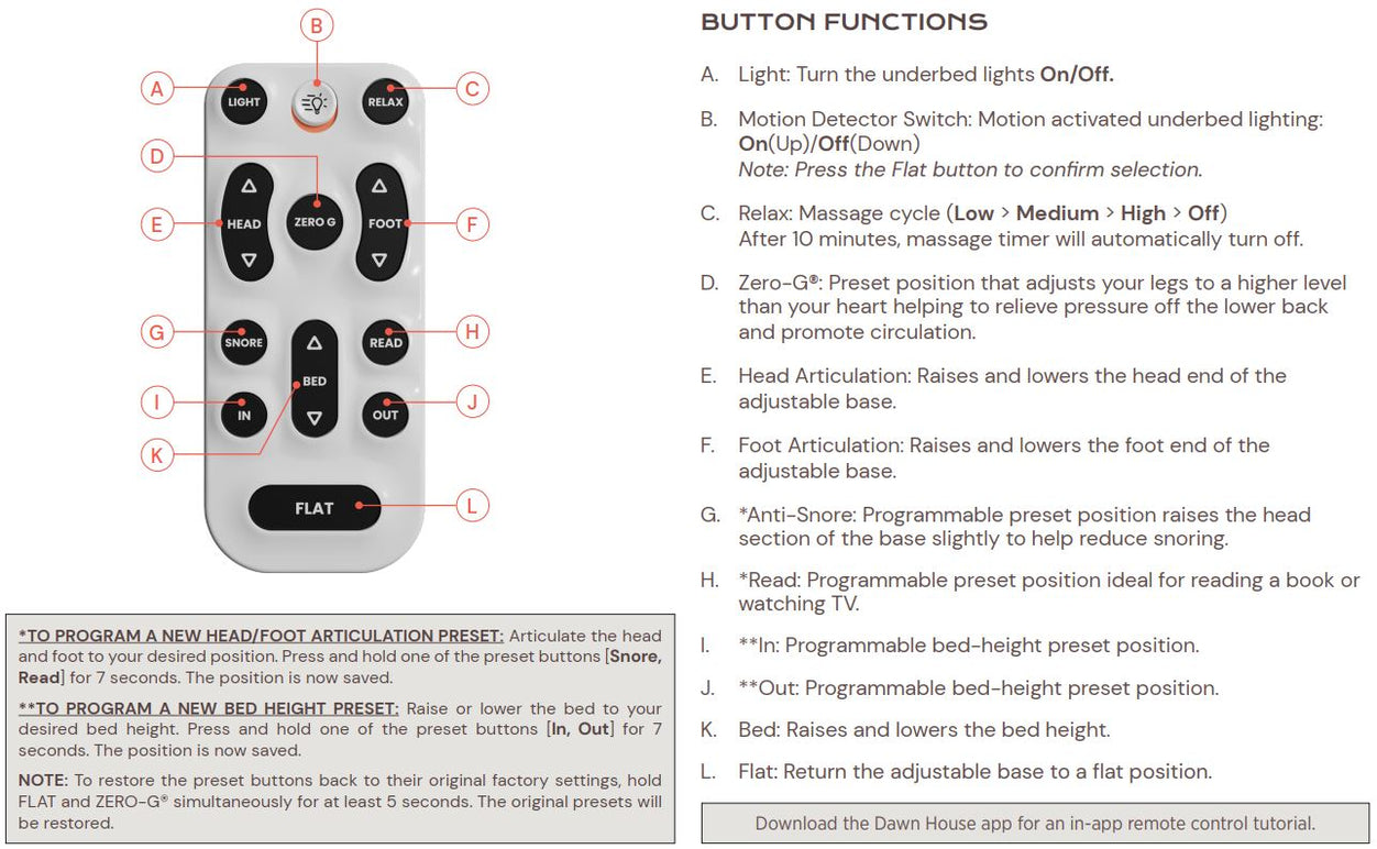 Dawn House Adjustable Base Remote